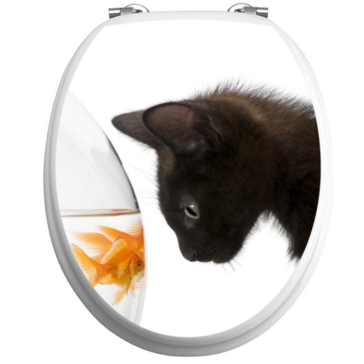 Adesivi de pareti per WC - Adesivo abbattendo wc gatto nero e pesce di oro - ambiance-sticker.com