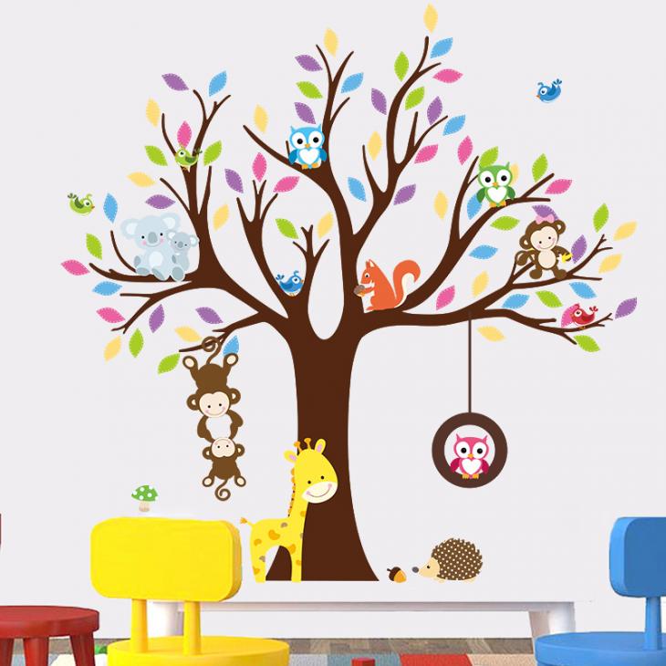 Adesivi murali per bambini - Adesivi albero gigante con scimmie, gufo e giraffa - ambiance-sticker.com