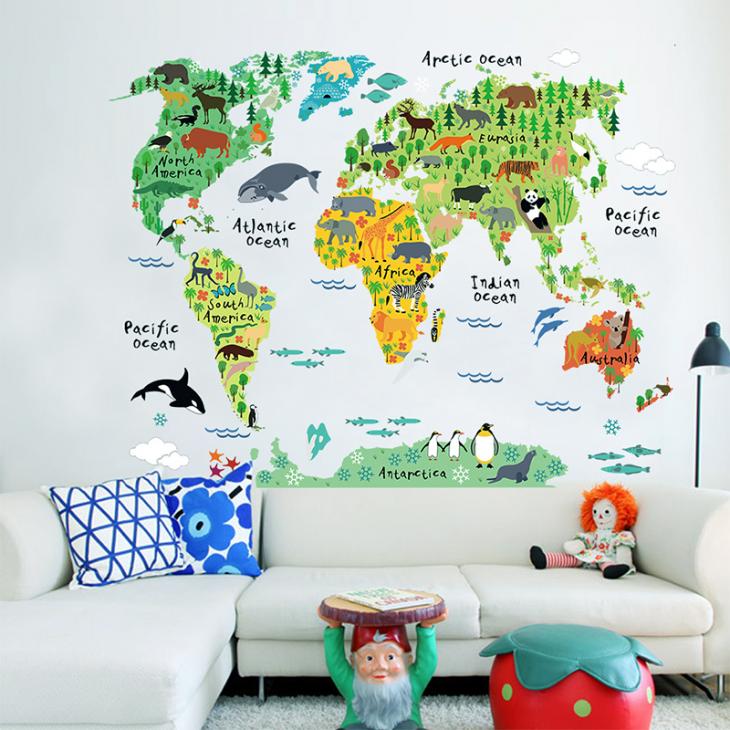 Adesivi murali per bambini - Adesivi mappa del mondo per bambini - animali del mondo - ambiance-sticker.com