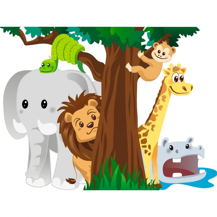 Adesivi murali bambini - Adesivo Gli animali della giungla giocare a nascondino - ambiance-sticker.com