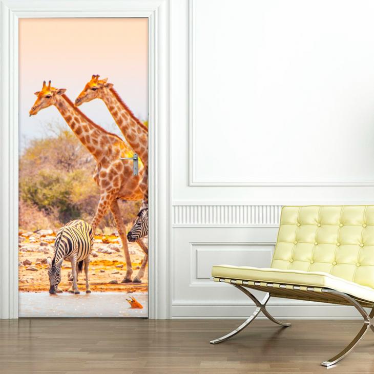 Adesivi di porte -Adesivo di porta giraffe e zebre insieme - ambiance-sticker.com