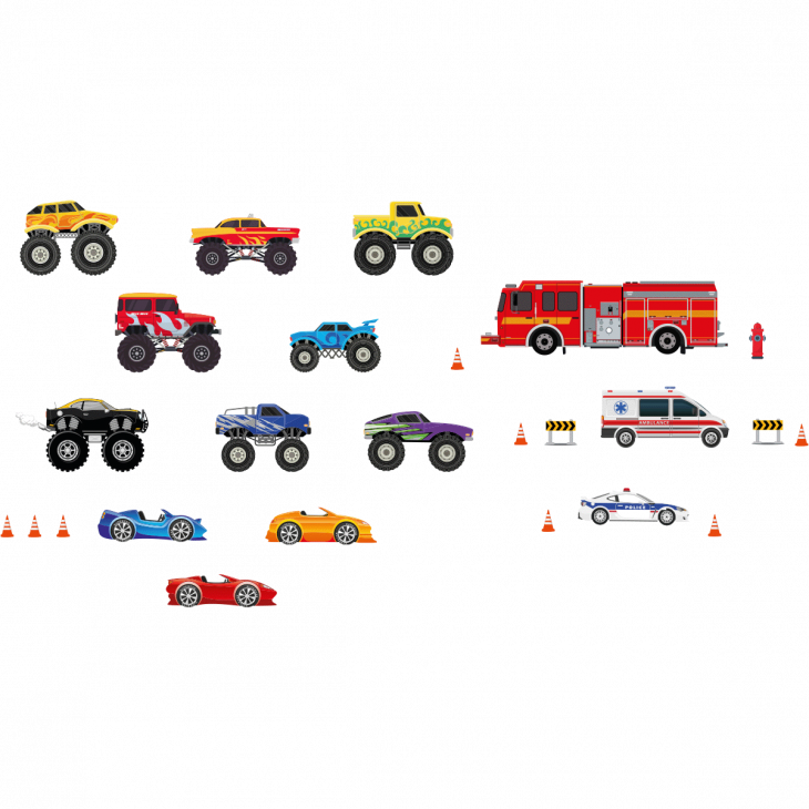 Adesivi murali per bambini - 14 adesivi auto e camion dei pompieri - ambiance-sticker.com