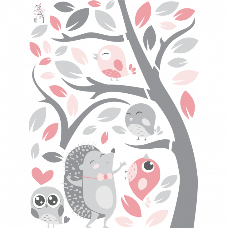 Adesivi murali per bambini - Adesivo riccio e uccelli amici felici - ambiance-sticker.com