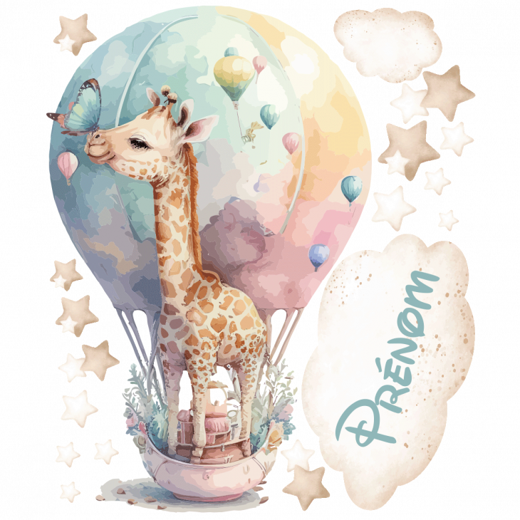 Adesivi murali nomi - Adesivo personalizzabile nomi baby giraffa in mongolfiera - ambiance-sticker.com