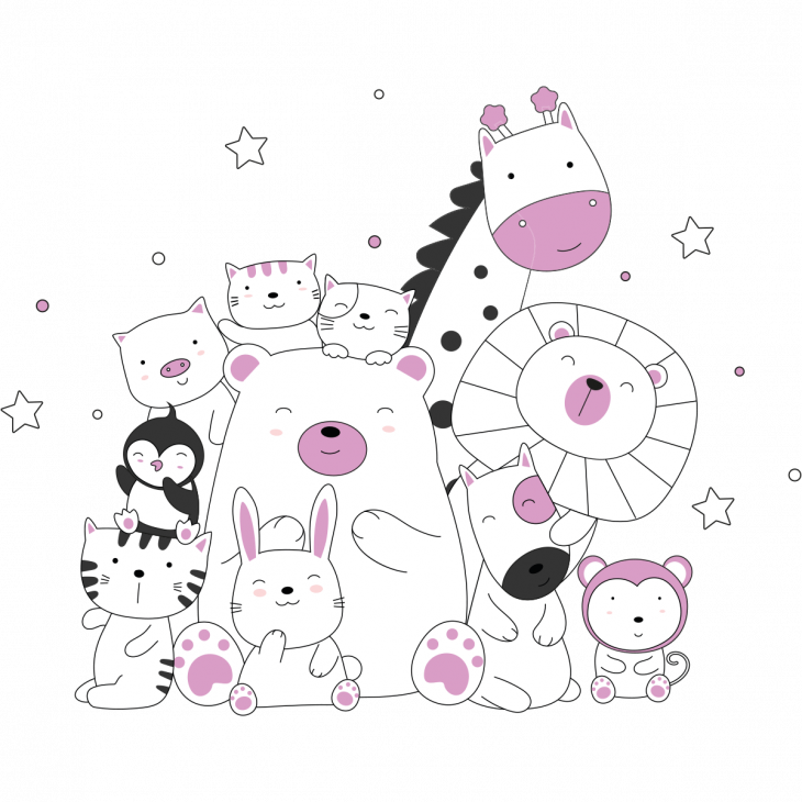 Adesivi animali bambini  - Adesivo animali felici insieme rosa - ambiance-sticker.com