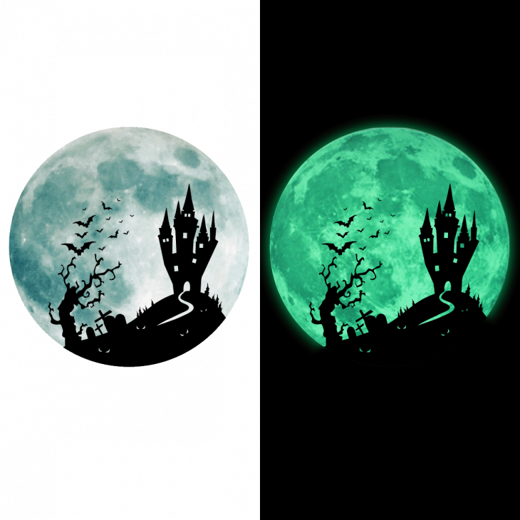 Adesivi fosforescente - Adesivo luna fosforescente + castello infestato circondato da pipistrelli - ambiance-sticker.com
