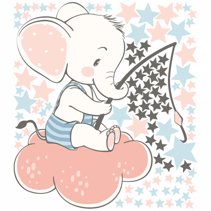 Muurstickers babykamer - Muursticker  olifant op zijn wolk + 100 sterren - ambiance-sticker.com