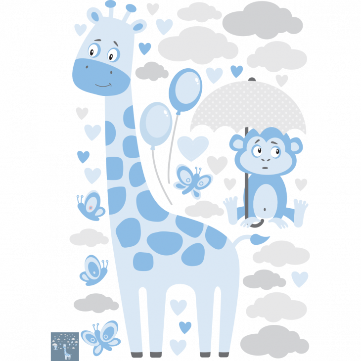 Muurstickers dieren - Muursticker giraffen en vriendelijke apen onder een regen van harten - ambiance-sticker.com