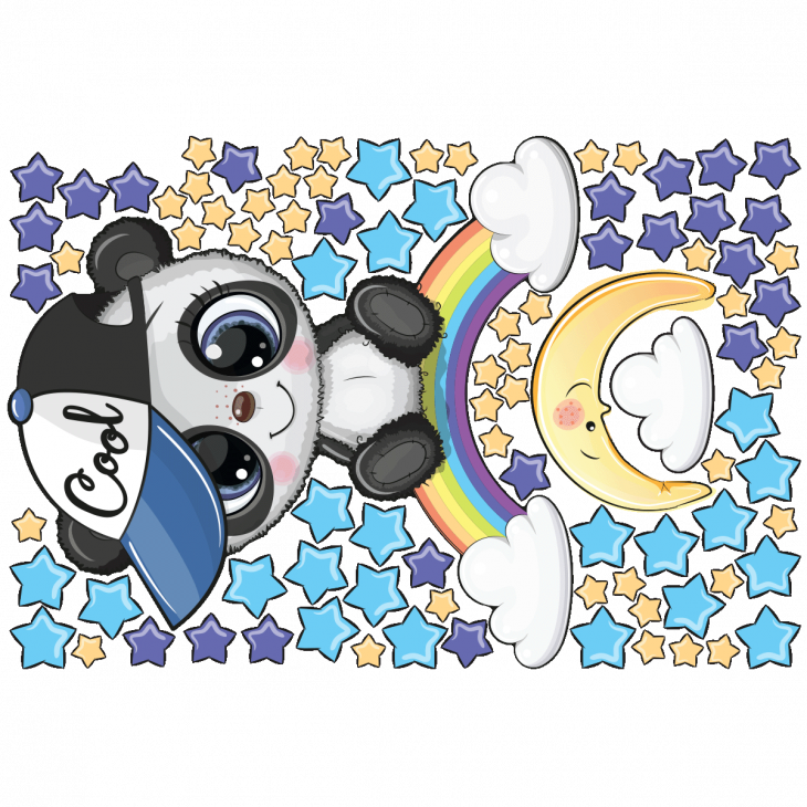 Muurstickers namen - Muursticker Panda jongen op regenboog en 90 sterren - ambiance-sticker.com